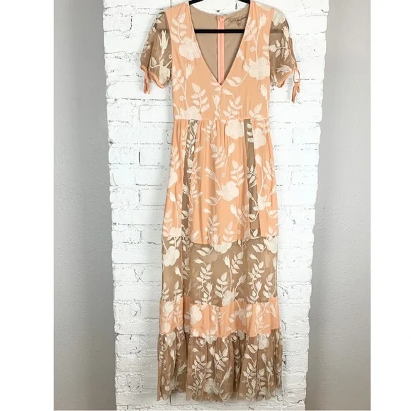For Love & Lemons Mia Maxi Peach Lace Dress Floral Embroidered Sheer Panel XS - Picture 1 of 15